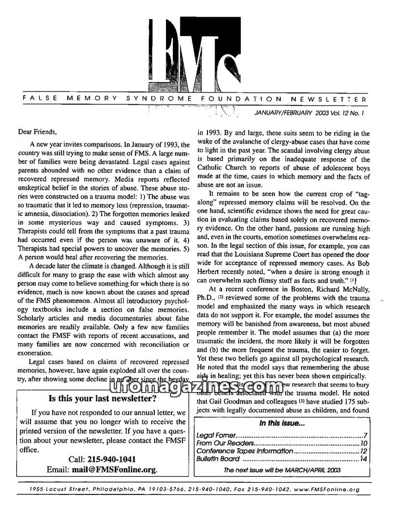 Cover of FALSE MEMORY SYNDROME FOUNDATION issue Vol. 12 No. 1: FALSE MEMORY SYNDROME FOUNDATION NEWSLETTER