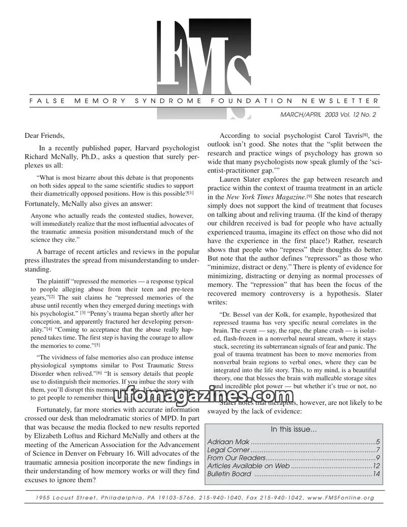 Cover of FALSE MEMORY SYNDROME FOUNDATION issue Vol. 12 No. 2: FALSE MEMORY SYNDROME FOUNDATION NEWSLETTER