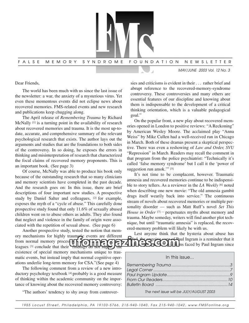 Cover of False Memory Syndrome Foundation issue Vol. 12 No. 3: FALSE MEMORY SYNDROME FOUNDATION NEWSLETTER