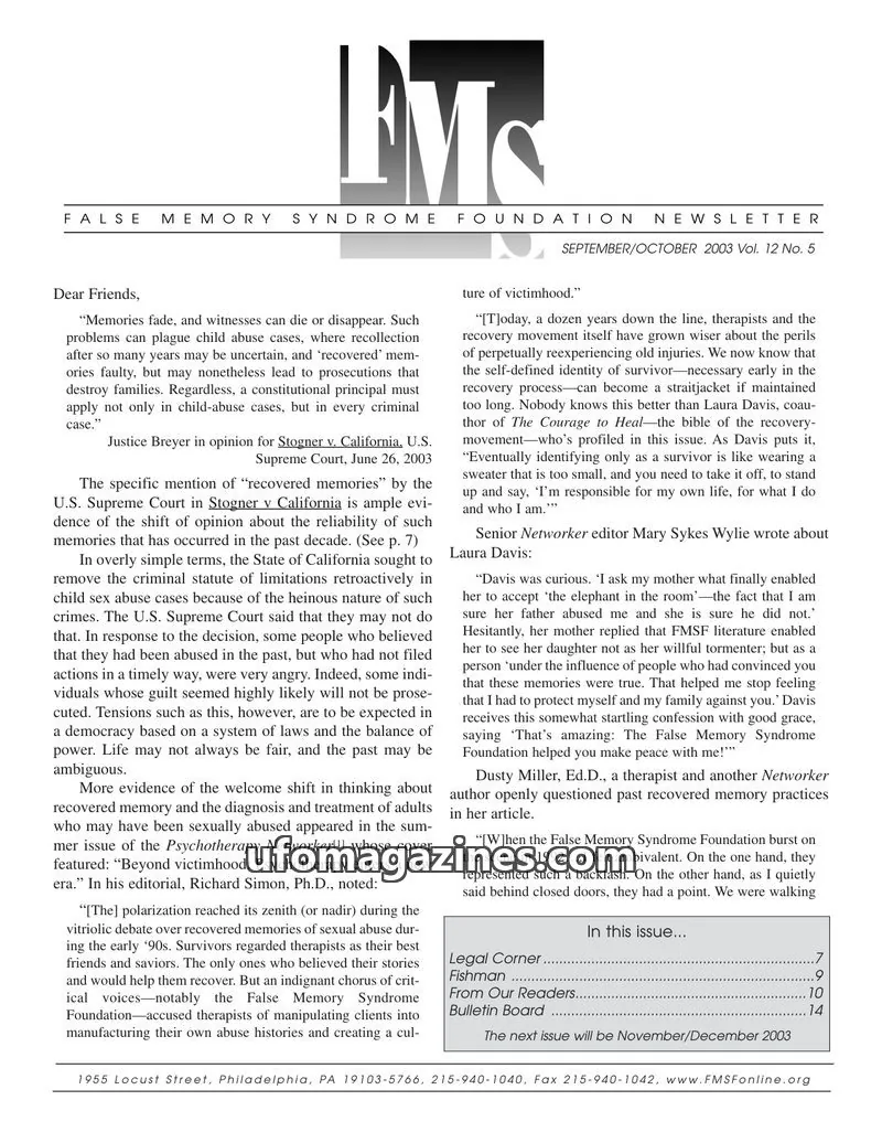 Cover of FALSE MEMORY SYNDROME FOUNDATION issue Vol. 12 No. 5: FALSE MEMORY SYNDROME FOUNDATION NEWSLETTER