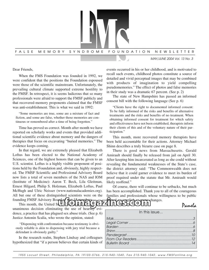 Cover of FMS Foundation issue Vol. 13 No. 3: FALSE MEMORY SYNDROME FOUNDATION NEWSLETTER