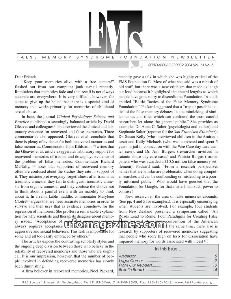Cover of FMS Foundation issue Vol. 13 No. 5: FALSE MEMORY SYNDROME FOUNDATION NEWSLETTER
