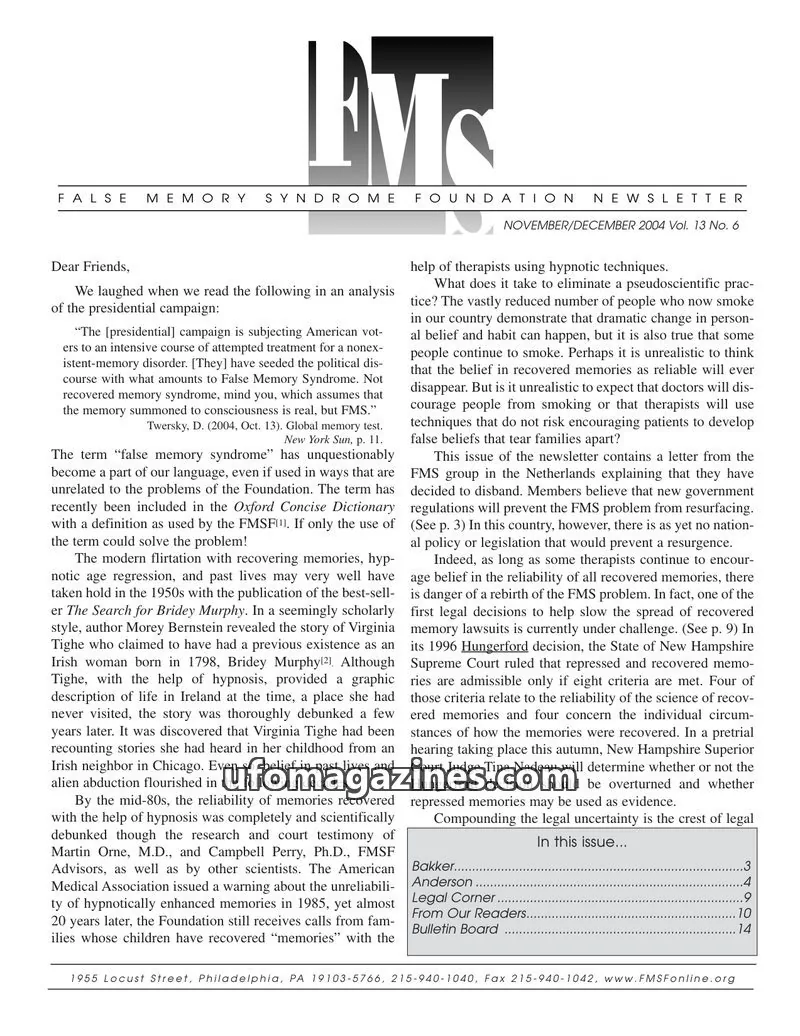 Cover of False Memory Syndrome Foundation issue Vol. 13 No. 6: FALSE MEMORY SYNDROME FOUNDATION NEWSLETTER