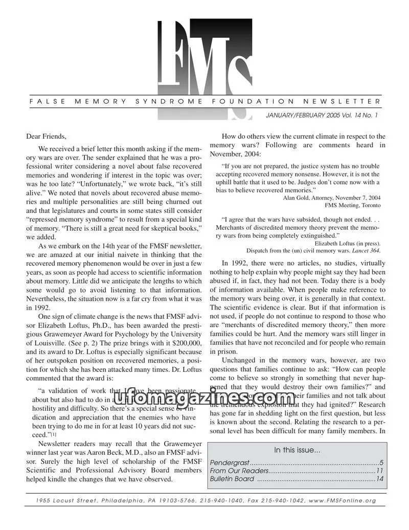 Cover of FMS Foundation issue Vol. 14 No. 1: FALSE MEMORY SYNDROME FOUNDATION NEWSLETTER
