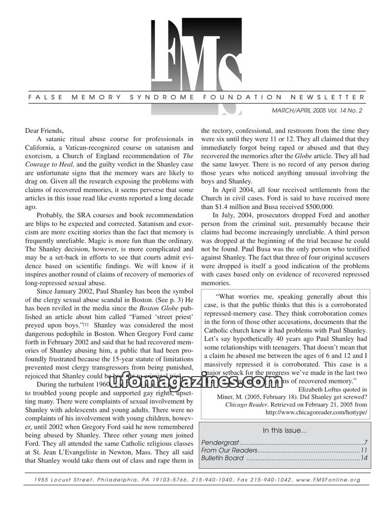 Cover of FMS Foundation issue Vol. 14 No. 2: FALSE MEMORY SYNDROME FOUNDATION NEWSLETTER
