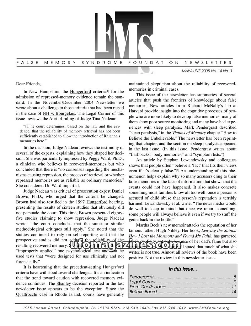 Cover of FALSE MEMORY SYNDROME FOUNDATION issue Vol. 14 No. 3: FALSE MEMORY SYNDROME FOUNDATION NEWSLETTER
