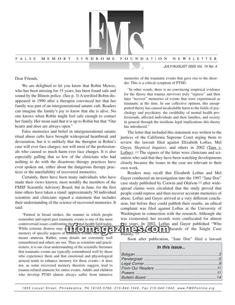 Cover of FALSE MEMORY SYNDROME FOUNDATION issue Vol. 14 No. 4: FALSE MEMORY SYNDROME FOUNDATION NEWSLETTER