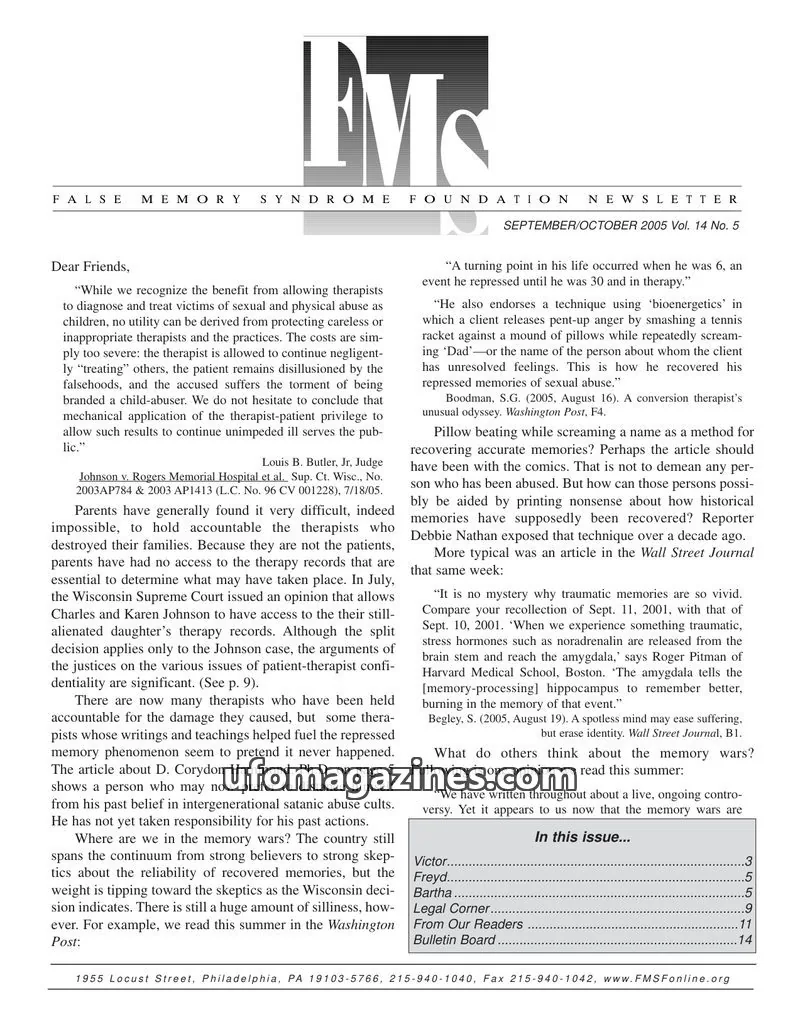 Cover of FALSE MEMORY SYNDROME FOUNDATION issue Vol. 14 No. 5: FALSE MEMORY SYNDROME FOUNDATION NEWSLETTER