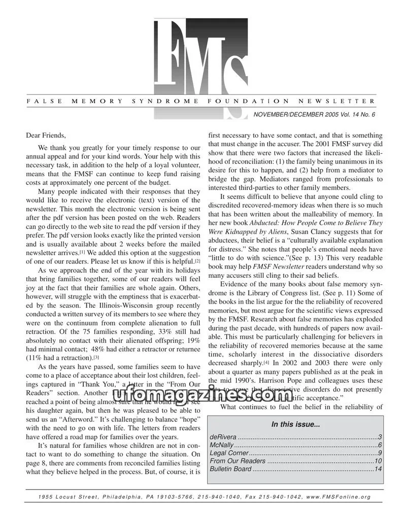 Cover of FALSE MEMORY SYNDROME FOUNDATION issue Vol. 14 No. 6: FALSE MEMORY SYNDROME FOUNDATION NEWSLETTER