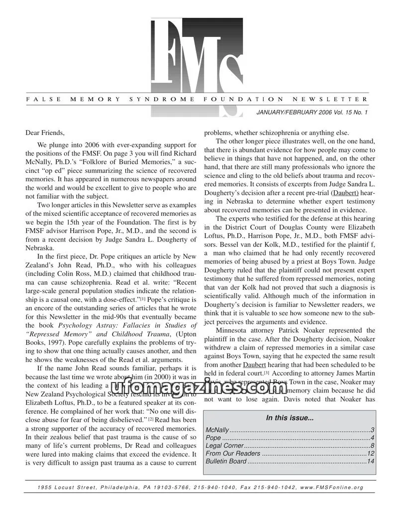 Cover of FALSE MEMORY SYNDROME FOUNDATION issue Vol. 15 No. 1: FALSE MEMORY SYNDROME FOUNDATION NEWSLETTER