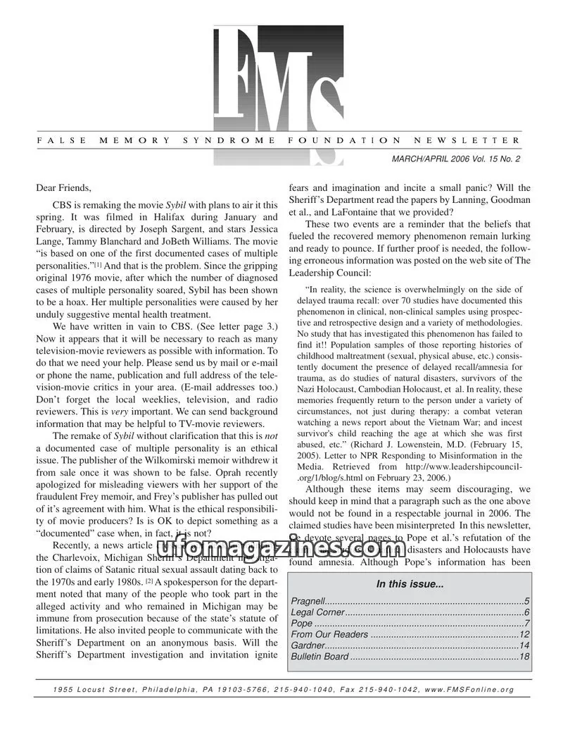 Cover of FALSE MEMORY SYNDROME FOUNDATION issue Vol. 15 No. 2: FALSE MEMORY SYNDROME FOUNDATION NEWSLETTER
