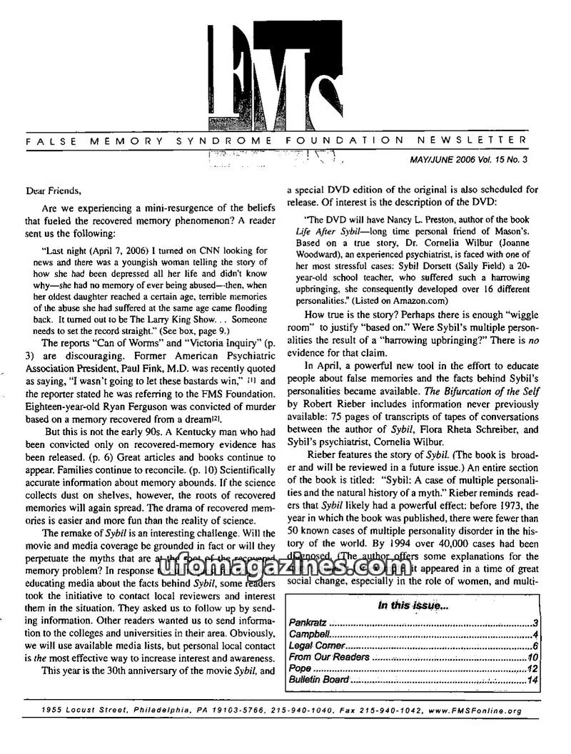 Cover of FALSE MEMORY SYNDROME FOUNDATION issue Vol. 15 No. 3: FALSE MEMORY SYNDROME FOUNDATION NEWSLETTER