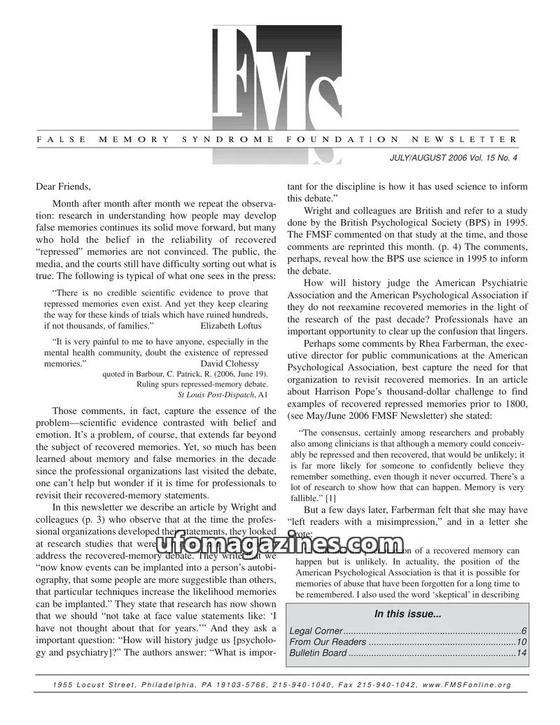 Cover of FMS Foundation issue Vol. 15 No. 4: FALSE MEMORY SYNDROME FOUNDATION NEWSLETTER