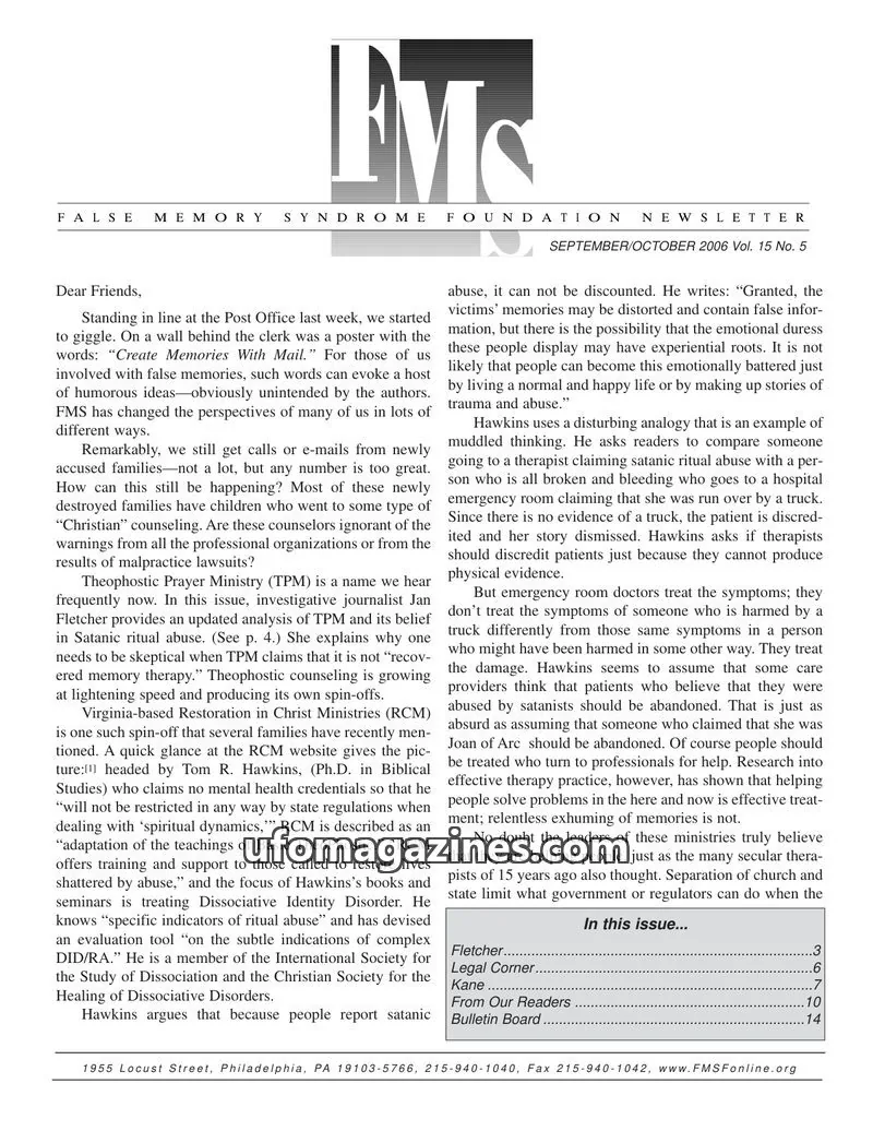 Cover of FMS Foundation issue Vol. 15 No. 5: FALSE MEMORY SYNDROME FOUNDATION NEWSLETTER