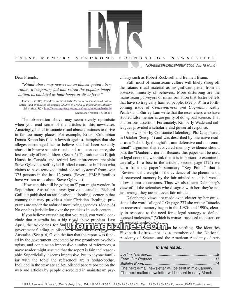 Cover of False Memory Syndrome Foundation issue Vol. 15 No. 6: FALSE MEMORY SYNDROME FOUNDATION NEWSLETTER