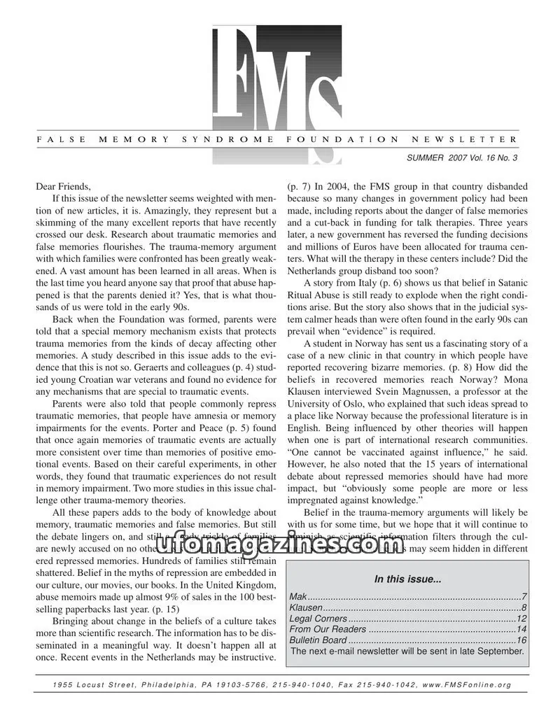 Cover of FALSE MEMORY SYNDROME FOUNDATION issue Vol. 16 No. 3: FALSE MEMORY SYNDROME FOUNDATION NEWSLETTER