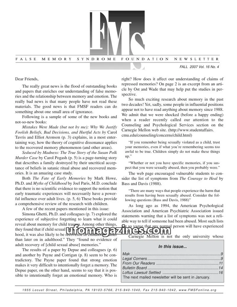 Cover of FALSE MEMORY SYNDROME FOUNDATION issue Vol. 16 No. 4: FALSE MEMORY SYNDROME FOUNDATION NEWSLETTER