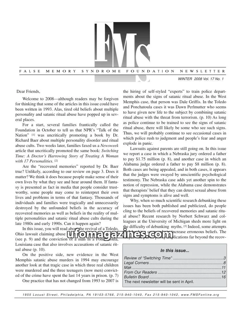 Cover of FALSE MEMORY SYNDROME FOUNDATION issue Vol. 17 No. 1: FALSE MEMORY SYNDROME FOUNDATION NEWSLETTER