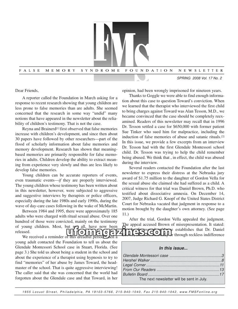 Cover of False Memory Syndrome Foundation issue Vol. 17 No. 2: FALSE MEMORY SYNDROME FOUNDATION NEWSLETTER
