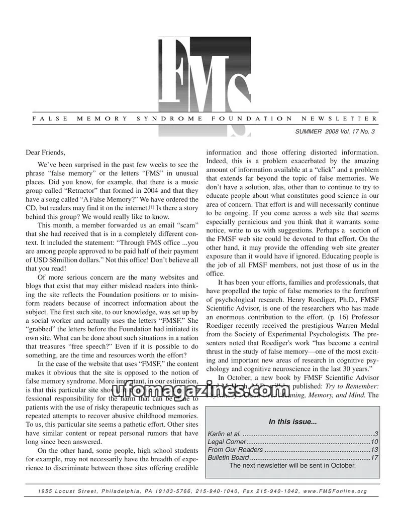 Cover of FALSE MEMORY SYNDROME FOUNDATION issue Vol. 17 No. 3: FALSE MEMORY SYNDROME FOUNDATION NEWSLETTER