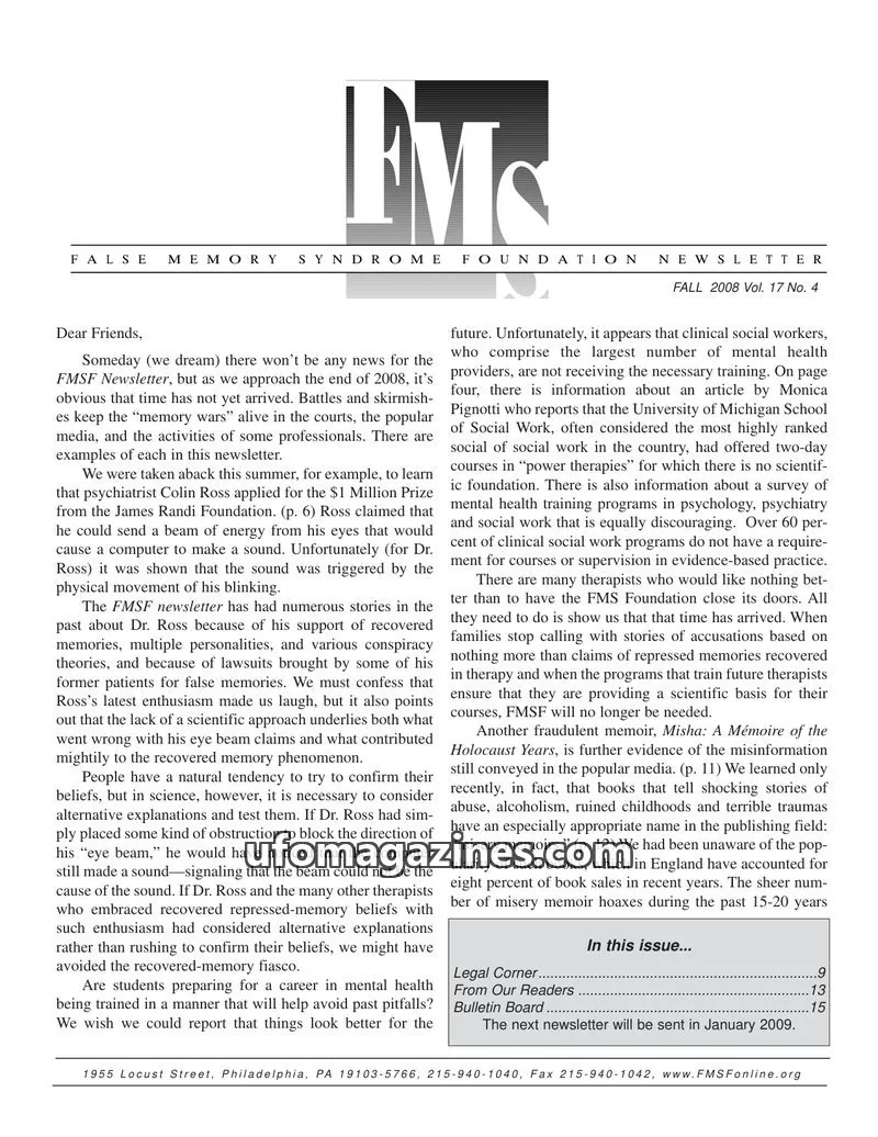 Cover of FALSE MEMORY SYNDROME FOUNDATION issue Vol. 17 No. 4: FALSE MEMORY SYNDROME FOUNDATION NEWSLETTER