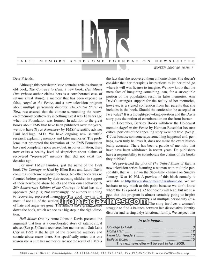 Cover of False Memory Syndrome Foundation issue Vol. 18 No. 1: FALSE MEMORY SYNDROME FOUNDATION NEWSLETTER