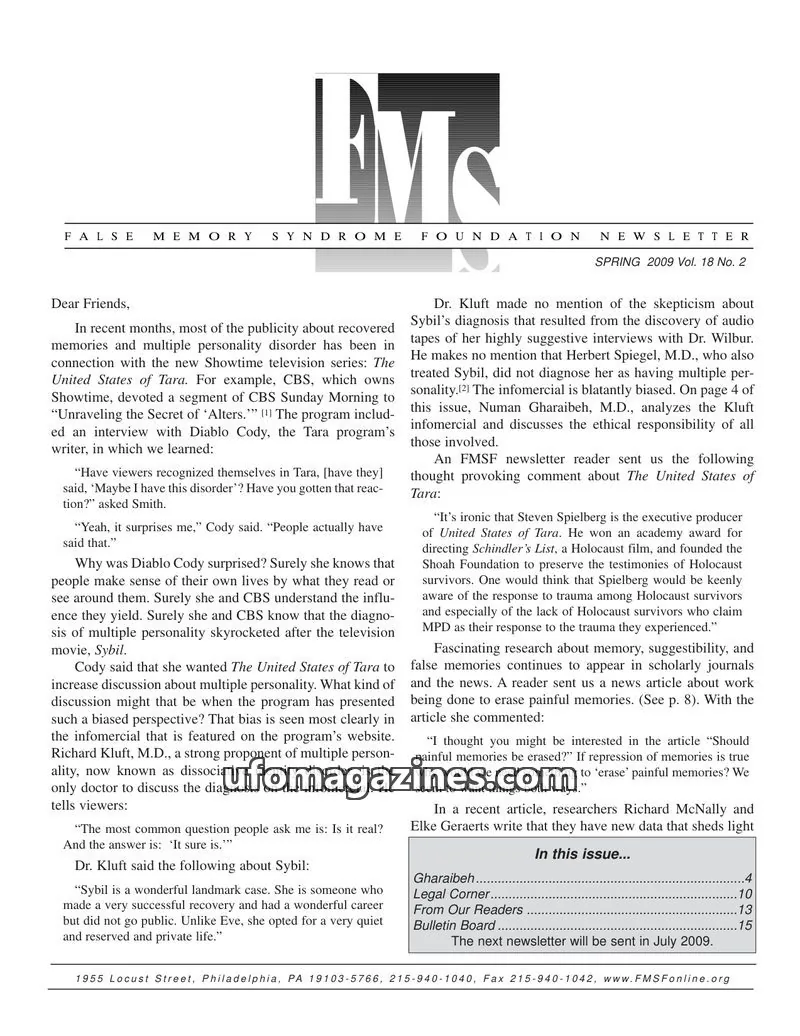 Cover of FALSE MEMORY SYNDROME FOUNDATION issue Vol. 18 No. 2: FALSE MEMORY SYNDROME FOUNDATION NEWSLETTER
