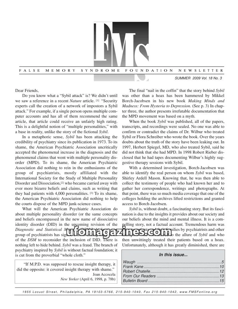 Cover of FALSE MEMORY SYNDROME FOUNDATION issue Vol. 18 No. 3: FALSE MEMORY SYNDROME FOUNDATION NEWSLETTER