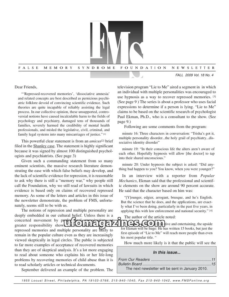 Cover of FALSE MEMORY SYNDROME FOUNDATION issue Vol. 18 No. 4: FALSE MEMORY SYNDROME FOUNDATION NEWSLETTER