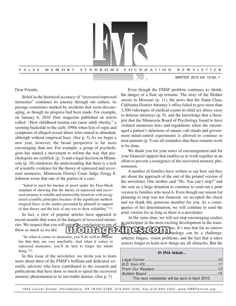 Cover of False Memory Syndrome Foundation issue Vol. 19 No. 1: FALSE MEMORY SYNDROME FOUNDATION NEWSLETTER