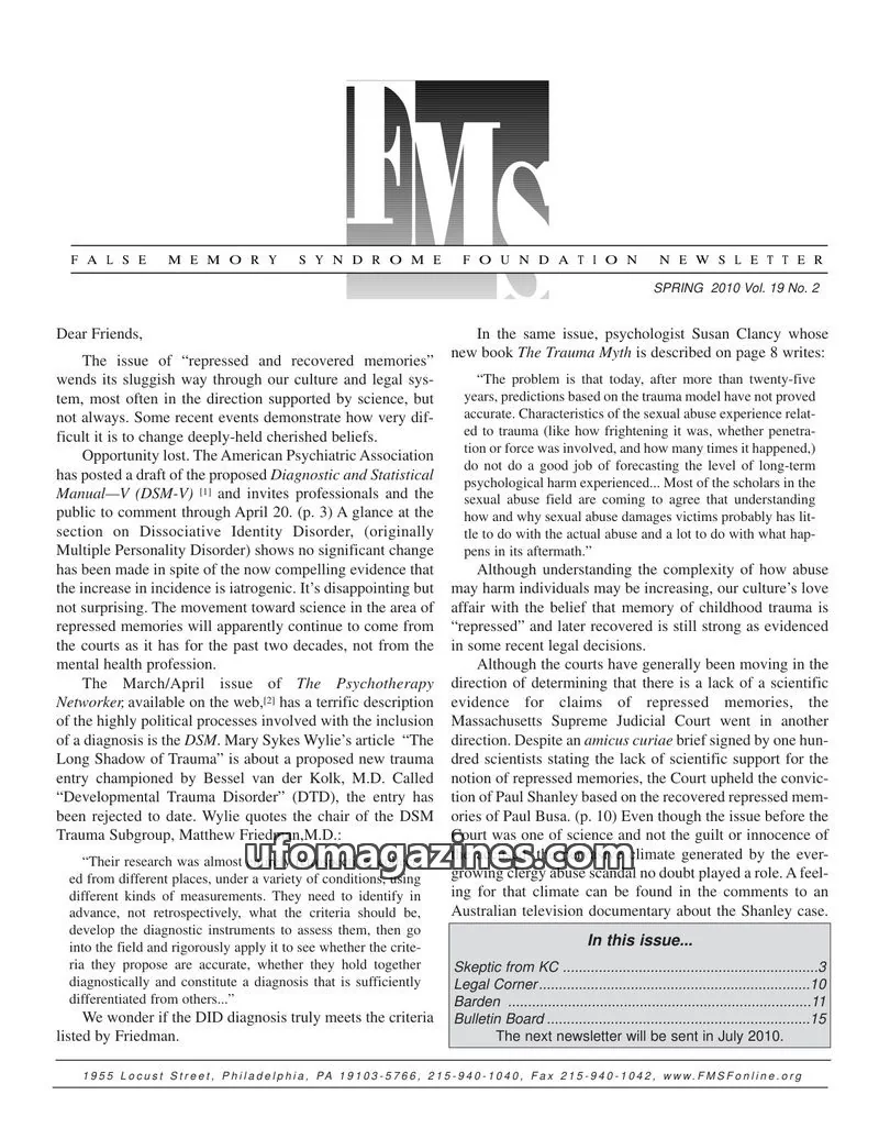 Cover of False Memory Syndrome Foundation issue Vol. 19 No. 2: FALSE MEMORY SYNDROME FOUNDATION NEWSLETTER