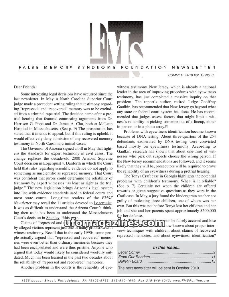 Cover of FMS Foundation issue Vol. 19 No. 3: FALSE MEMORY SYNDROME FOUNDATION NEWSLETTER