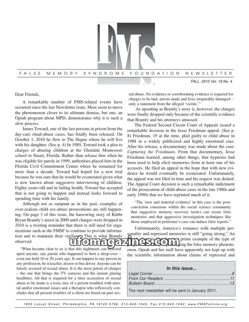 Cover of FALSE MEMORY SYNDROME FOUNDATION issue Vol. 19 No. 4: FALSE MEMORY SYNDROME FOUNDATION NEWSLETTER