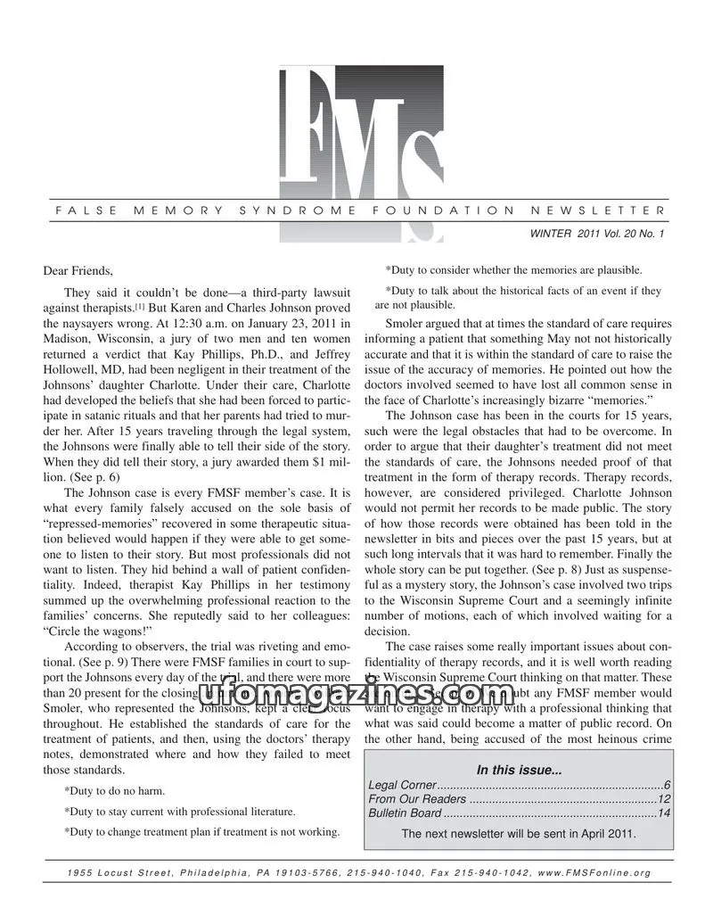 Cover of False Memory Syndrome Foundation issue Vol. 20 No. 1: FALSE MEMORY SYNDROME FOUNDATION NEWSLETTER