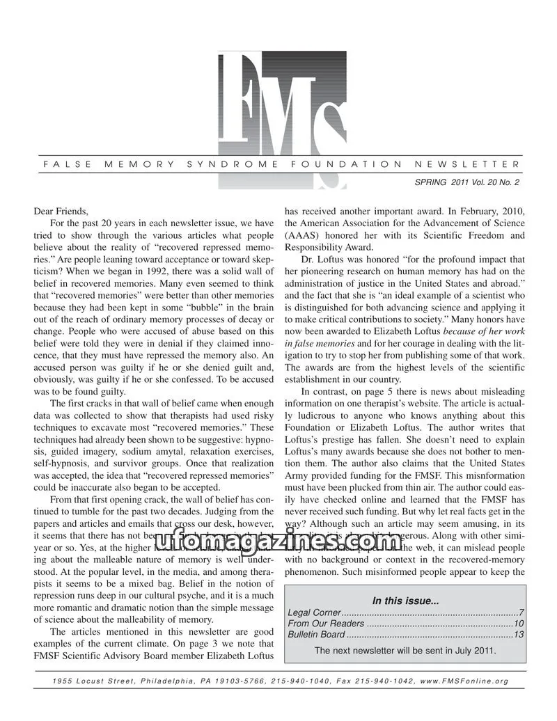 Cover of FALSE MEMORY SYNDROME FOUNDATION issue Vol. 20 No. 2: FALSE MEMORY SYNDROME FOUNDATION NEWSLETTER