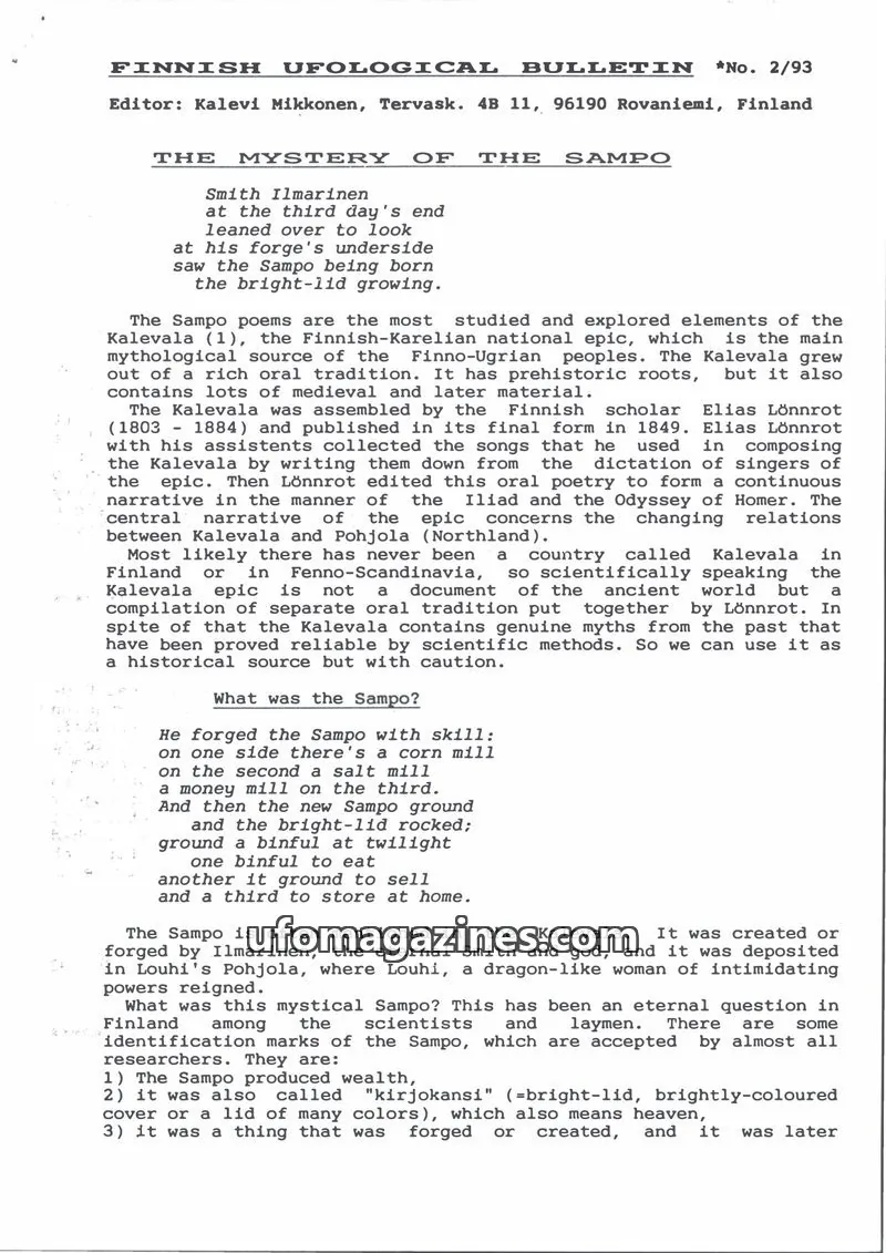 Cover of Finnish Ufological Bulletin issue 2/93: FINNISH UFOLOGICAL BULLETIN
