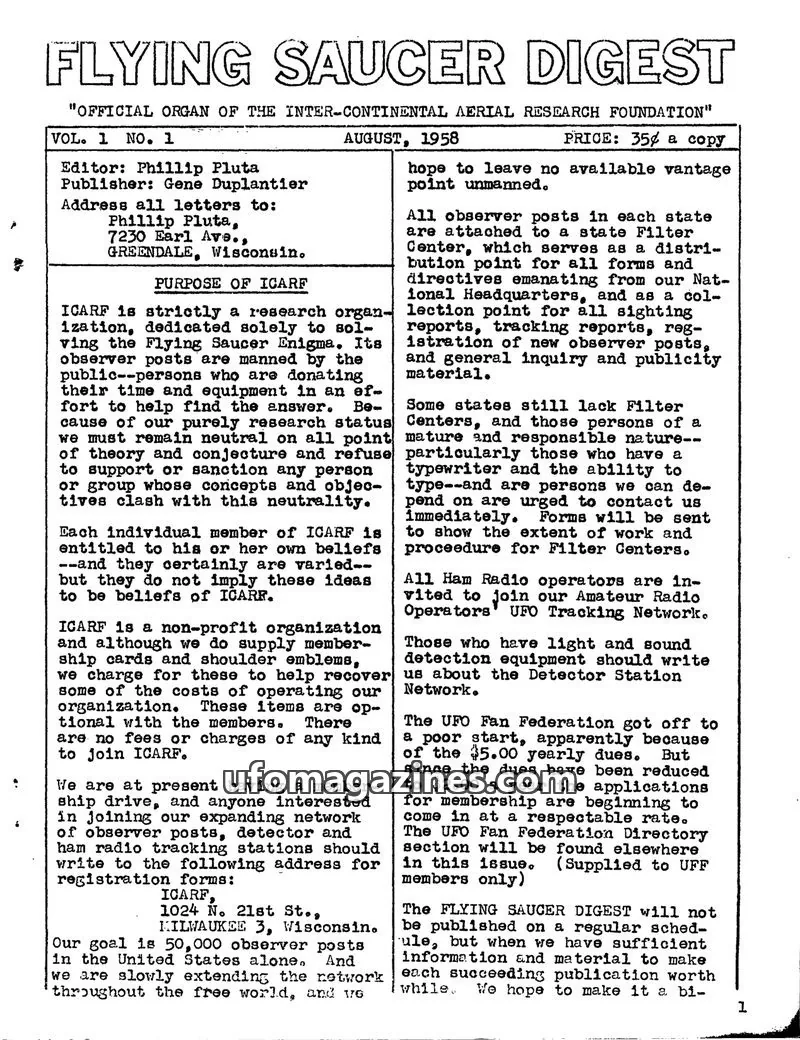 Cover of Flying Saucer Digest (ICARF) issue VOL. 1 NO. 1: FLYING SAUCER DIGEST