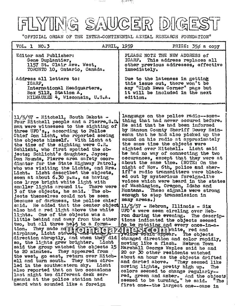 Cover of Inter-Continental Aerial Research Foundation (ICARF) issue VOL. 1 NO.3: FLYING SAUCER DIGEST