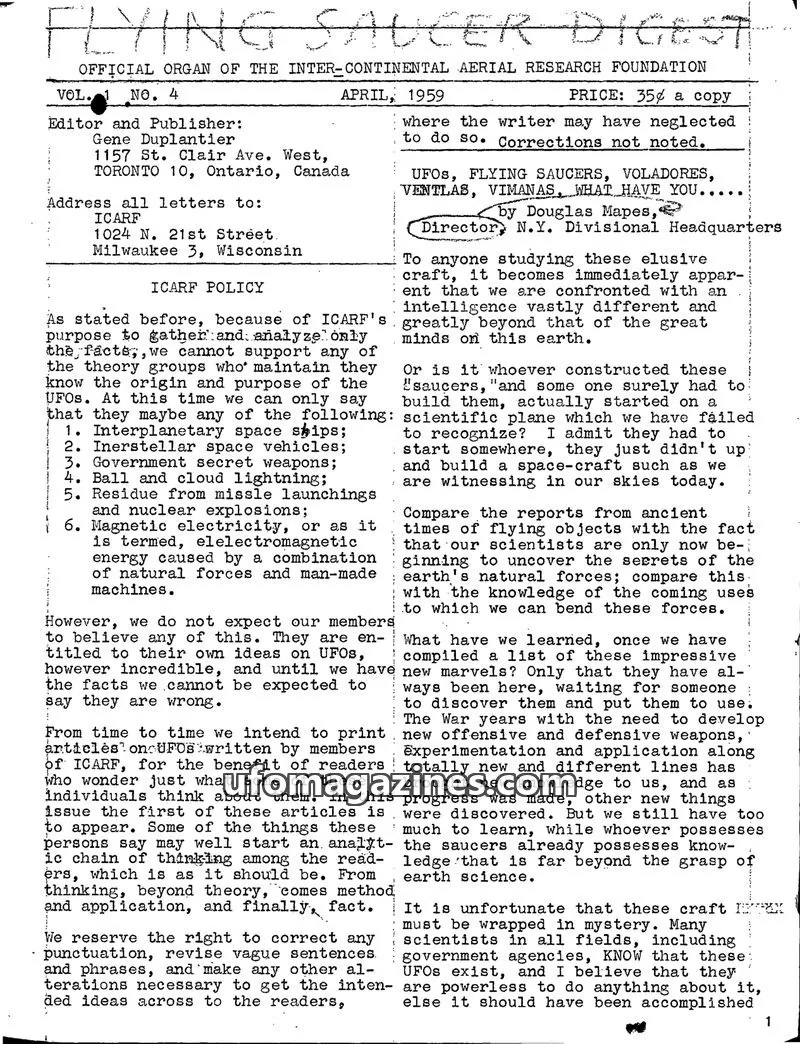 Cover of INTER-CONTINENTAL AERIAL RESEARCH FOUNDATION issue NO. 4: FLYING SAUCER DIGEST
