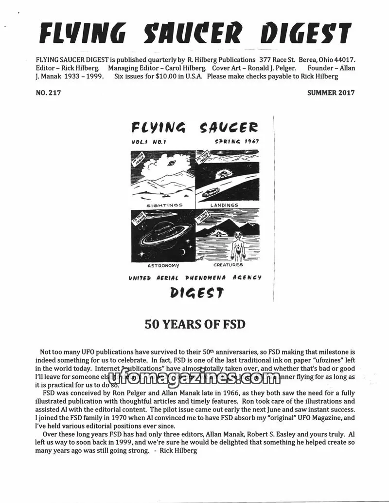 Cover of R. Hilberg Publications issue NO. 217: FLYING SAUCER DIGEST