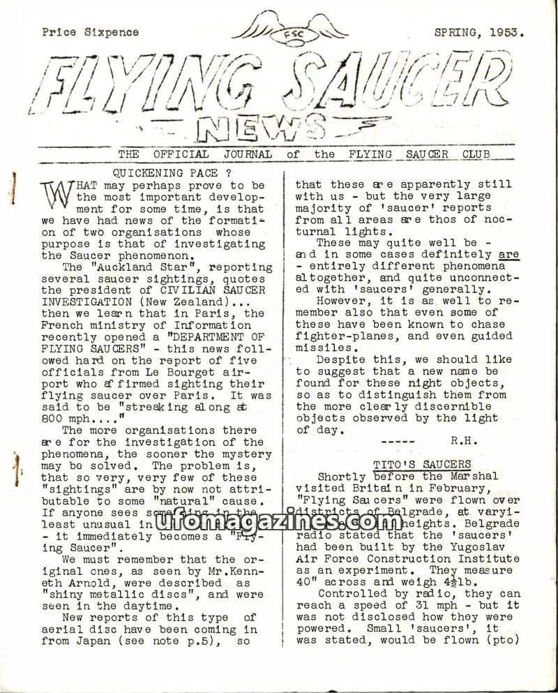 Cover of FLYING SAUCER BUREAU & FLYING SAUCER CLUB issue SPRING, 1953: FLYING SAUCER NEWS