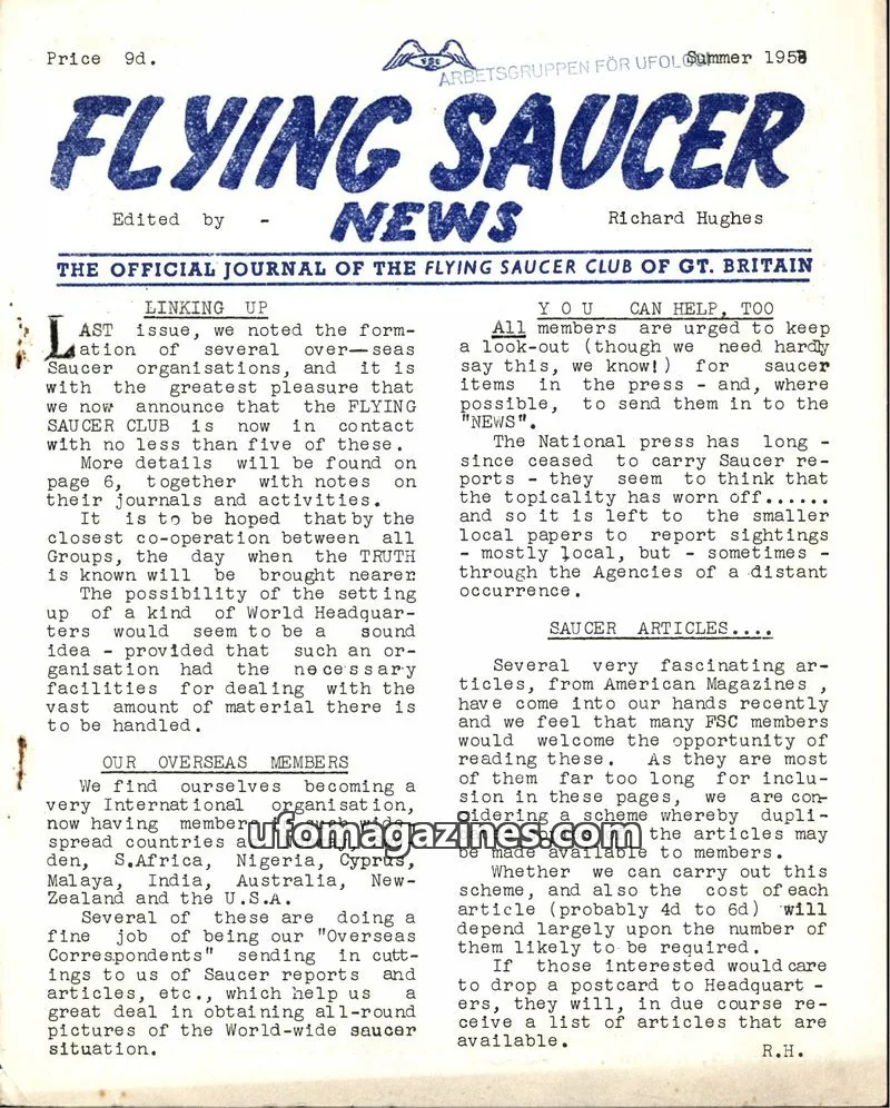 Cover of Flying Saucer News (BFSB) issue Summer 1953: FLYING SAUCER NEWS