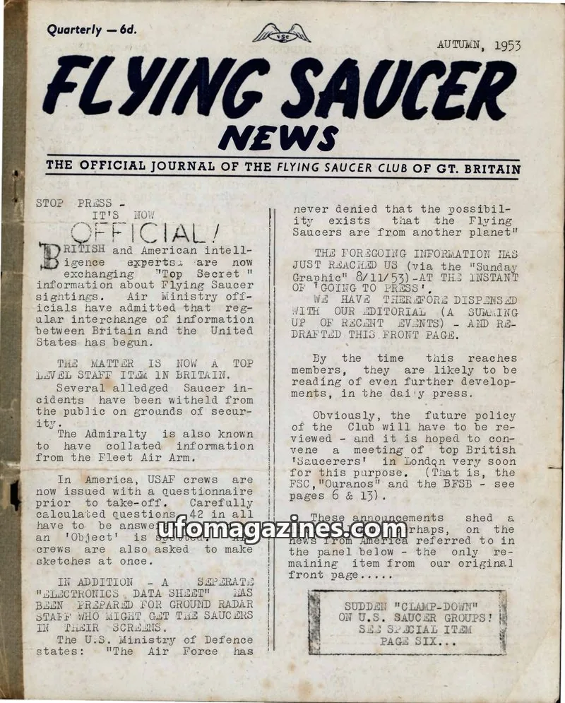 Cover of Flying Saucer News (BFSB) issue Autumn, 1953: FLYING SAUCER NEWS