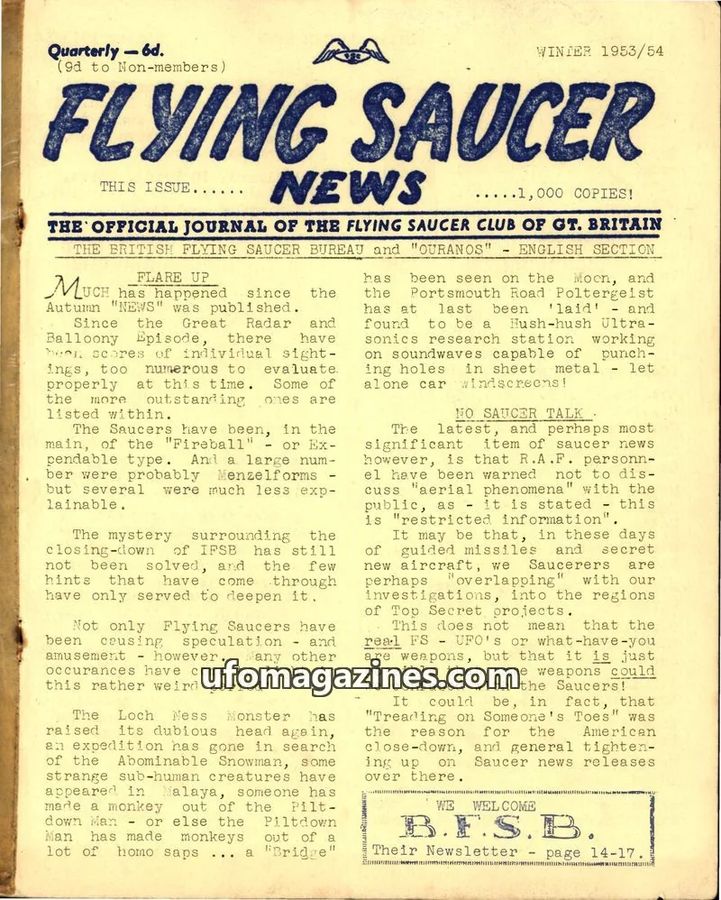 Cover of Flying Saucer News (BFSB) issue THIS ISSUE......: FLYING SAUCER NEWS