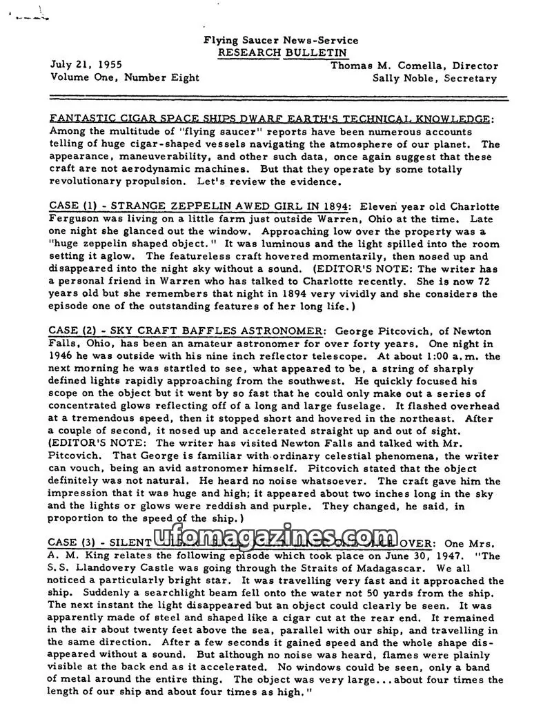 Cover of Flying Saucer News-Service issue Volume One, Number Eight: Flying Saucer News-Service RESEARCH BULLETIN