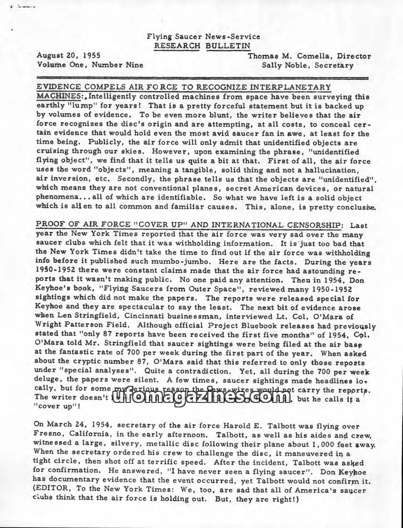 Cover of Flying Saucer News-Service issue Volume One, Number Nine: Flying Saucer News-Service RESEARCH BULLETIN