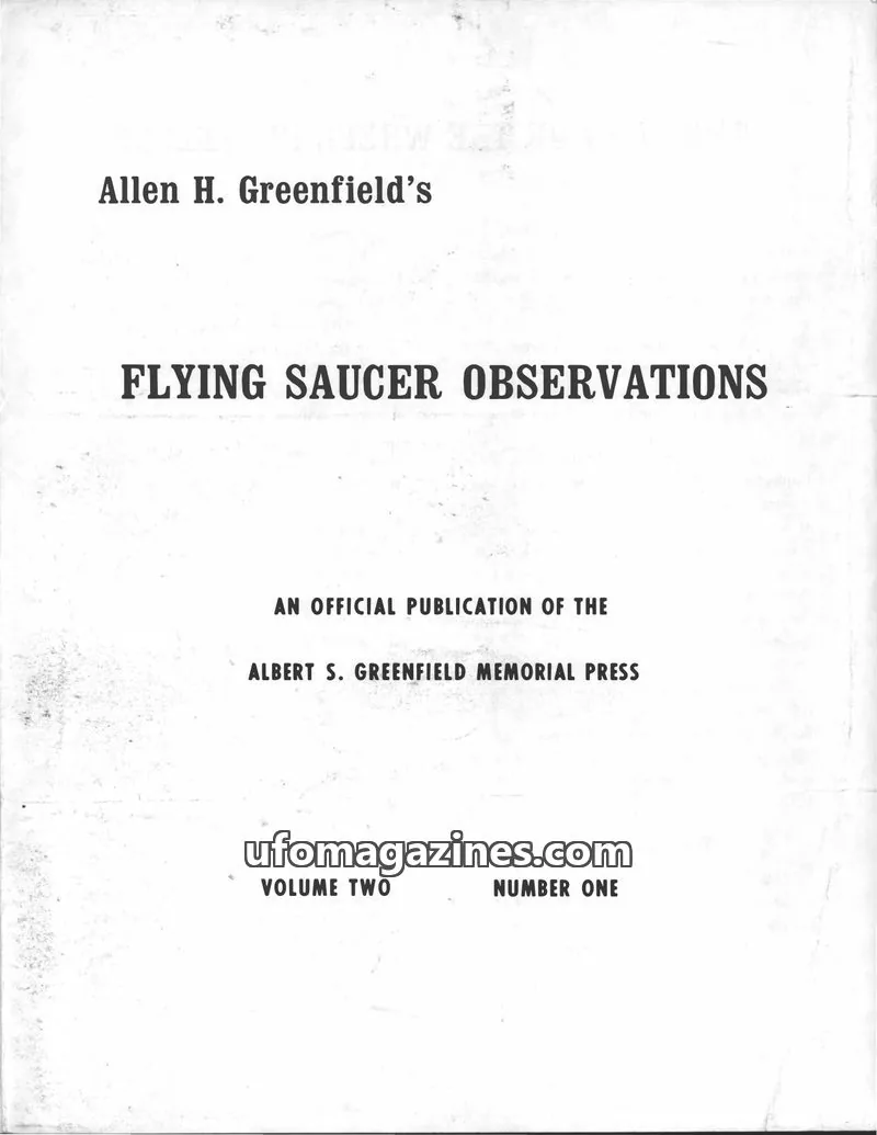 Cover of ALBERT S. GREENFIELD MEMORIAL PRESS issue NUMBER ONE: FLYING SAUCER OBSERVATIONS