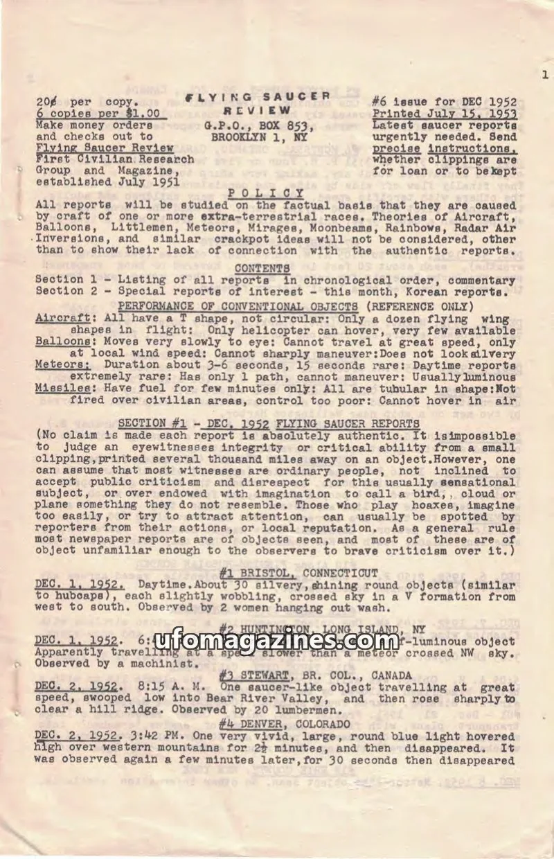 Cover of First Civilian Research Group and Magazine issue #6: FLYING SAUCER REVIEW