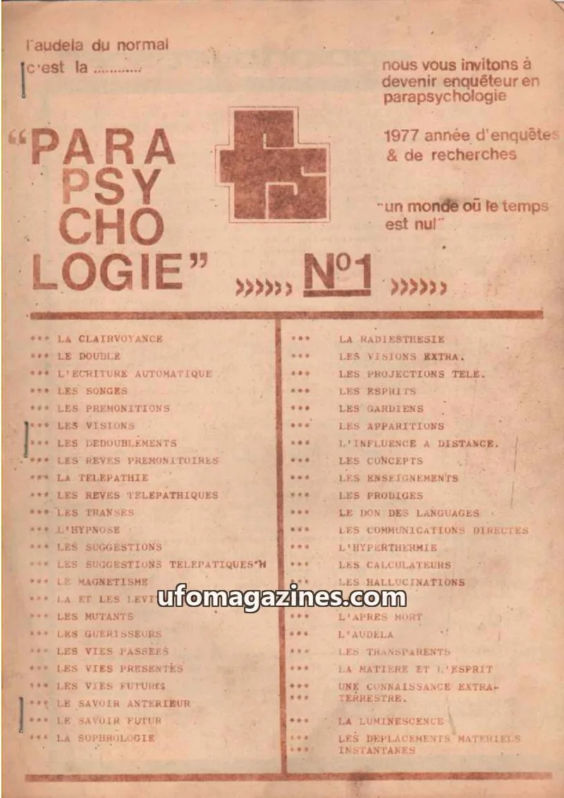 Cover of Frontieres de la Science issue N°1: PARAPSYCHOLOGIE