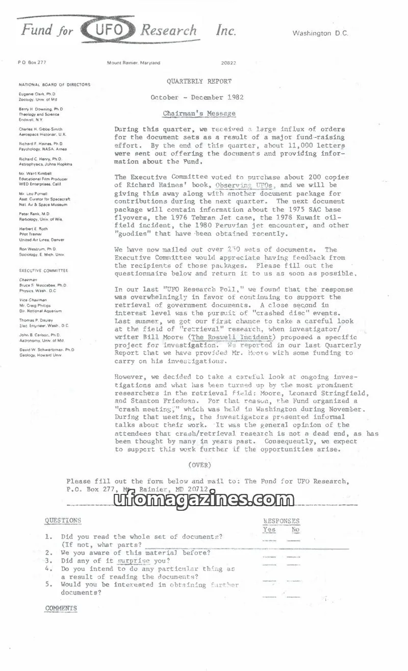 Cover of FUFOR reports issue October - December 1982: Fund for UFO Research Inc. QUARTERLY REPORT